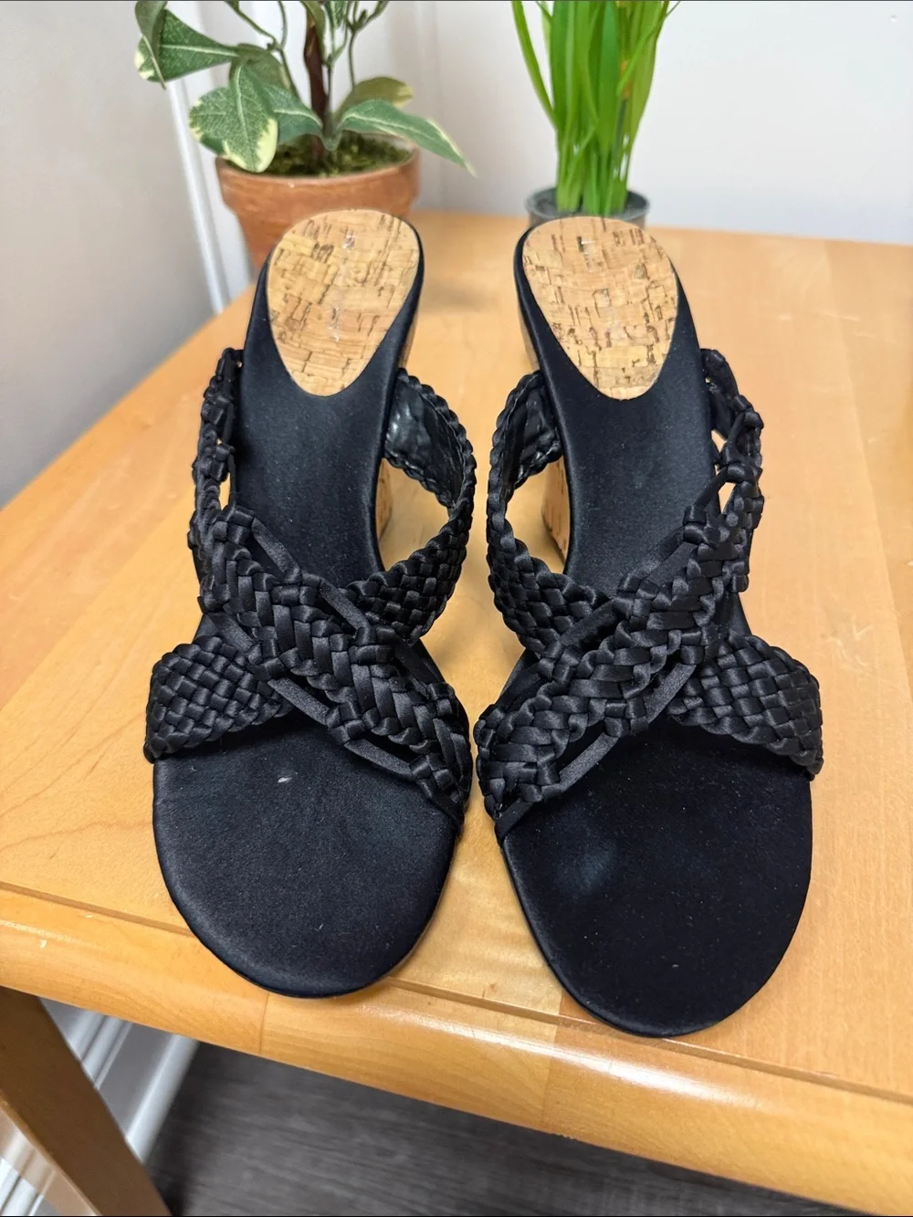 Nine West Black Braided Cork Wedge Sandals